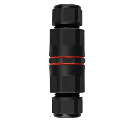 Black waterproof cable connector with two red rings, featuring a cylindrical shape and threaded ends for secure electrical connections.