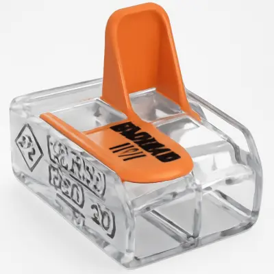 Transparent plastic cable connector with an orange lever, featuring embossed specifications and branding on the side.