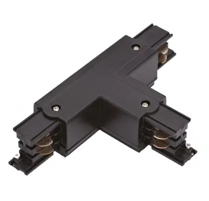 Black T-shaped track lighting connector with metal contacts and screws, designed for connecting track lighting systems.