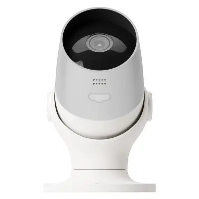 A sleek, modern security camera with a white base and a gray, cylindrical body, featuring a visible lens in the center.