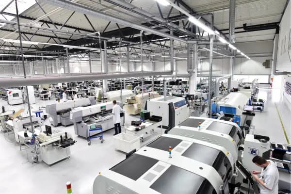 A large, modern manufacturing facility with workers in white coats operating advanced machinery and equipment under a high ceiling.